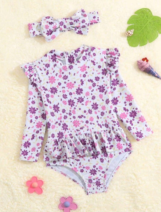 Pink and Purple Floral Girls Swimsuit with Headband