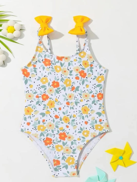Yellow Floral Print Bow Shoulder One Piece