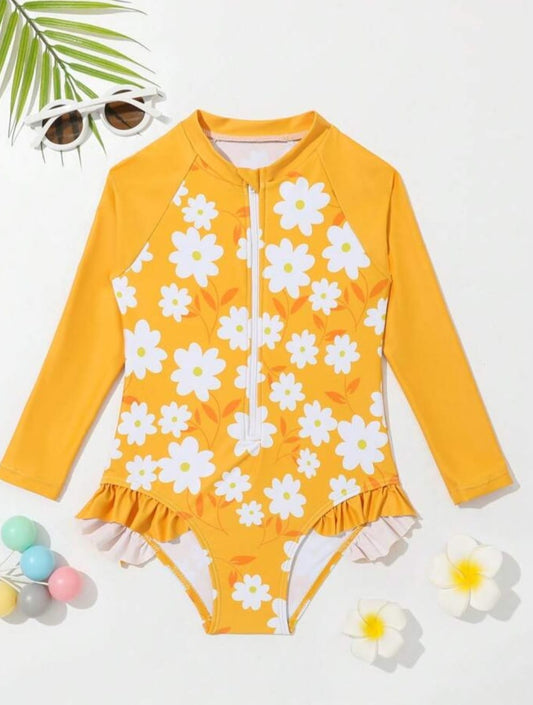 Yellow Floral Print Zipper Front one Piece