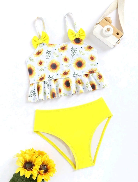 Yellow Floral Print Bow Bikini