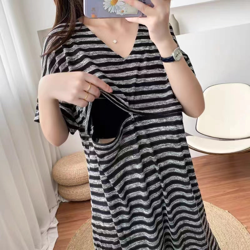 V-Neck Black & White Dress with Horizontal Zipper Access