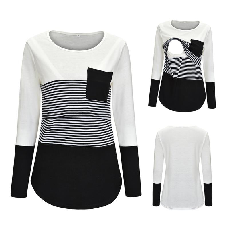 Sectioned Long Striped Breastfeeding Shirts
