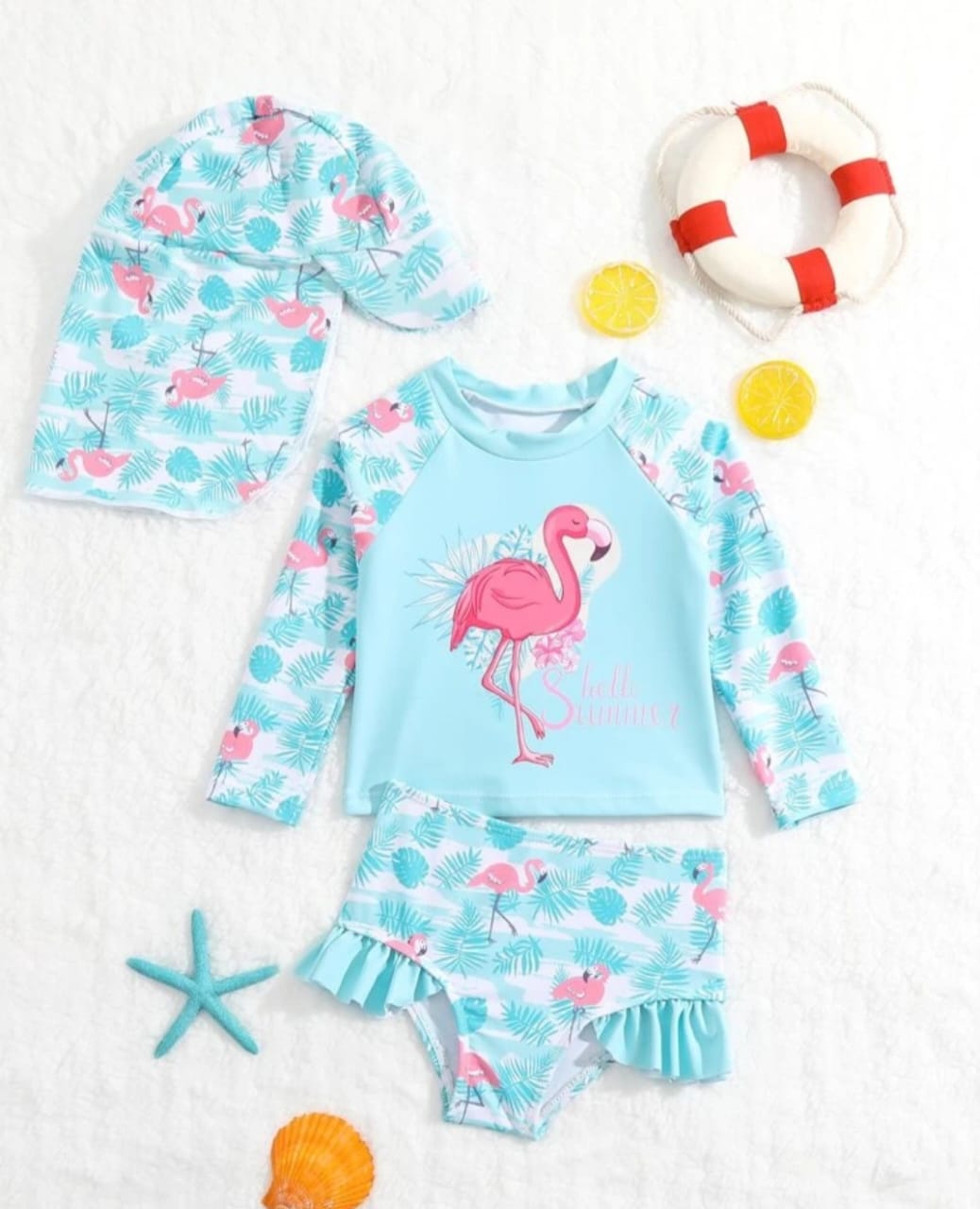 Blue Flamingo Print Tankini Swimsuit with hat