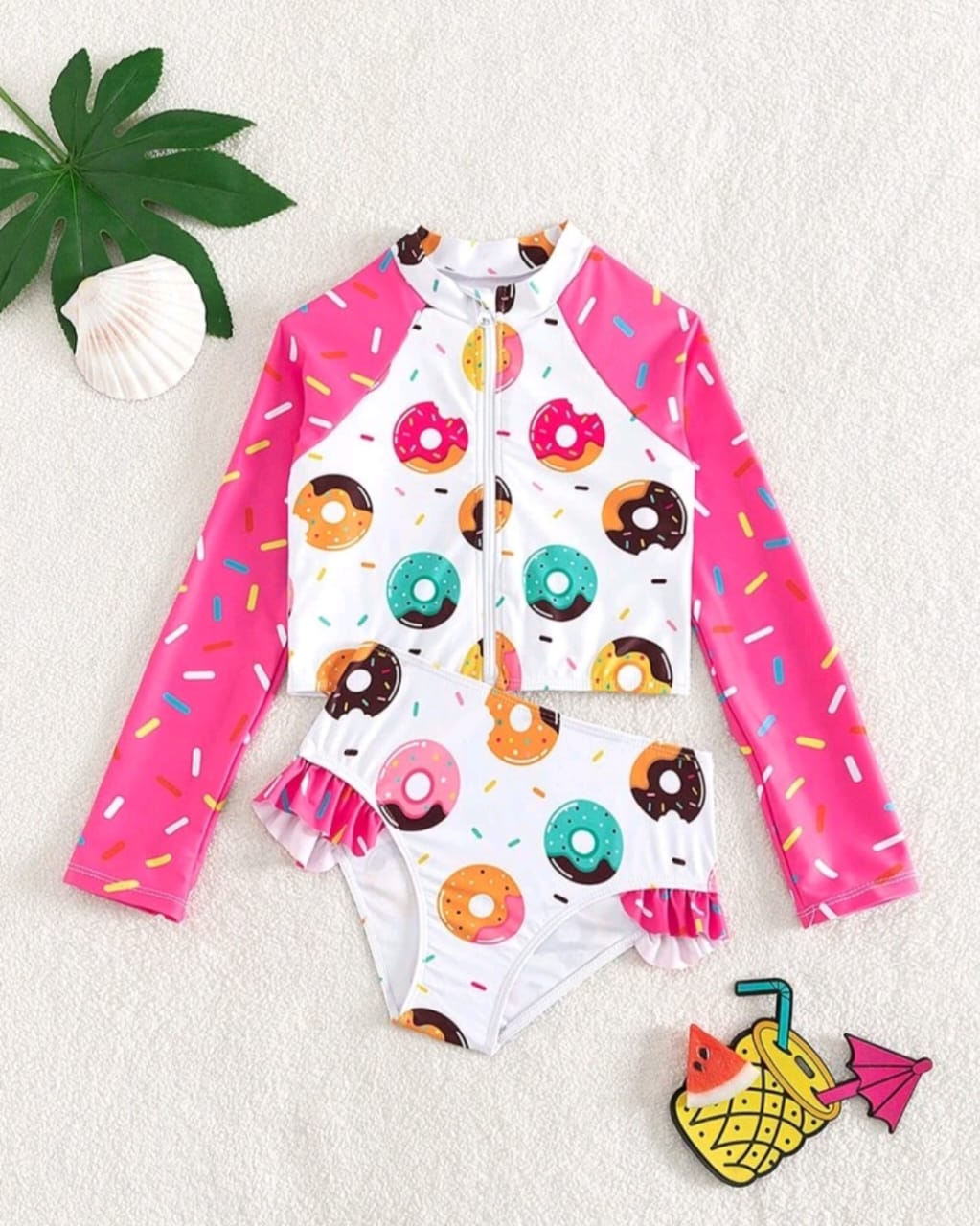 Pink Donuts Print Zipper Front longsleeve tankini