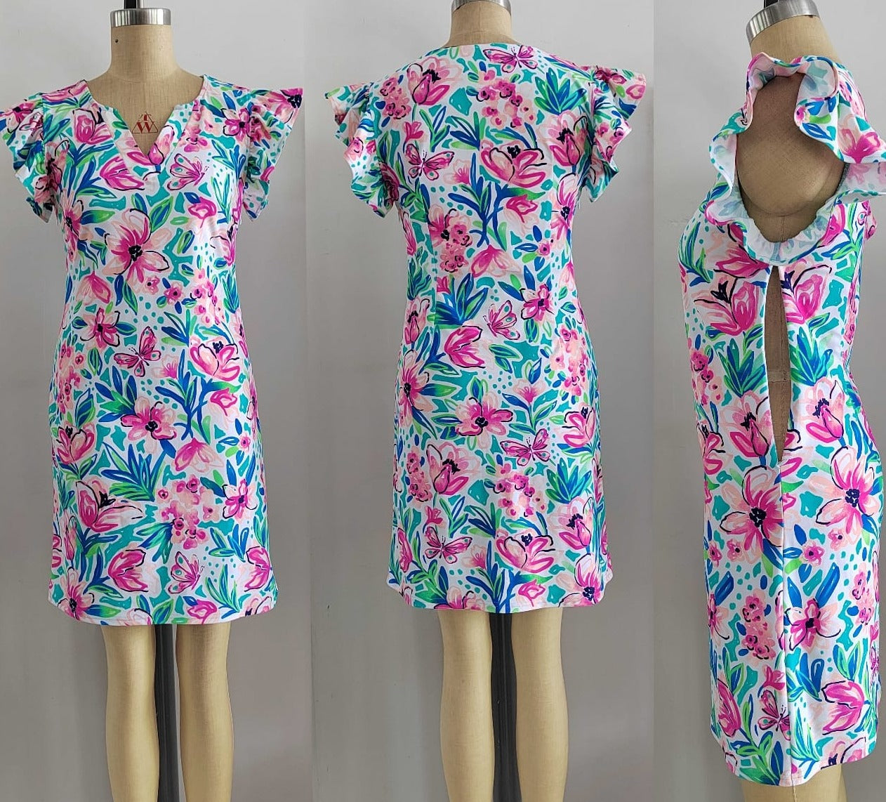 Summer Beach Swim Dress on a mannequin, showcasing a floral pattern and cut-out design, made from versatile swimsuit fabric for comfort and style.