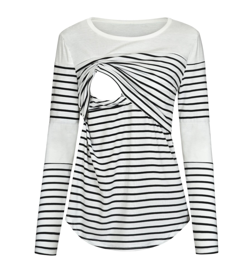 Sectioned Long Striped Breastfeeding Shirts